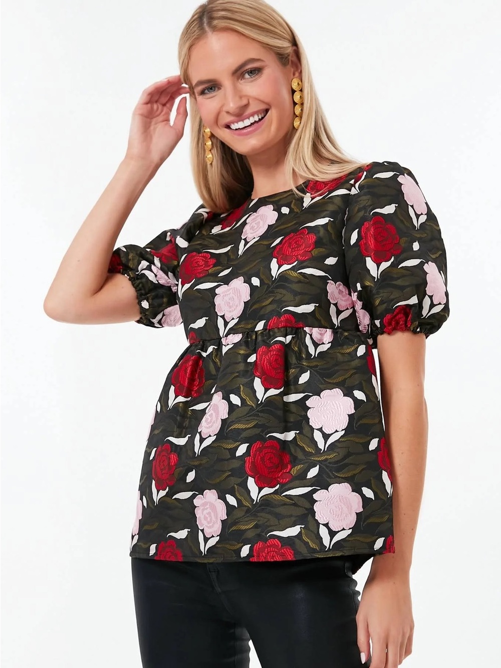 kate spade Brocade Floral Puff-Sleeve Top with Red & Pink Roses